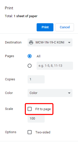 Printer pop-up showing the Fit To Page checkbox deselected